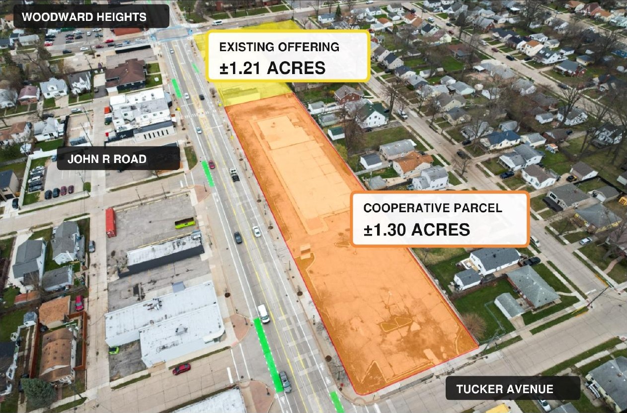 Aerial view showing the existing offering and adjoining cooperative parcel along John R Road